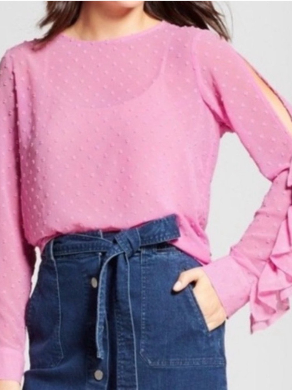 a new day Bright Pink Swiss Dot Long-Sleeve Women's Top Size Small